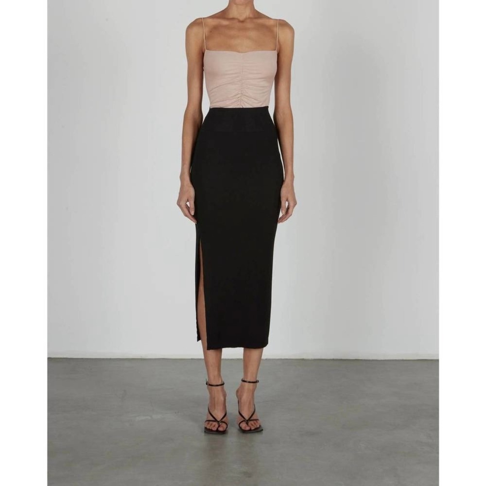 ENZA COSTA stretch silk knit essential Skirt Women XS Black Rib High Waist Maxi